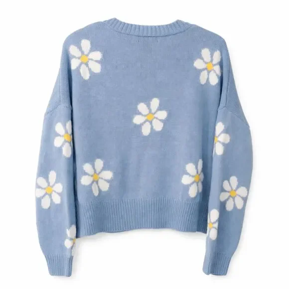 Blue Daisy Knit Cardigan Women’s Size L Button Front Cottagecore Sweater - Picture 2 of 4